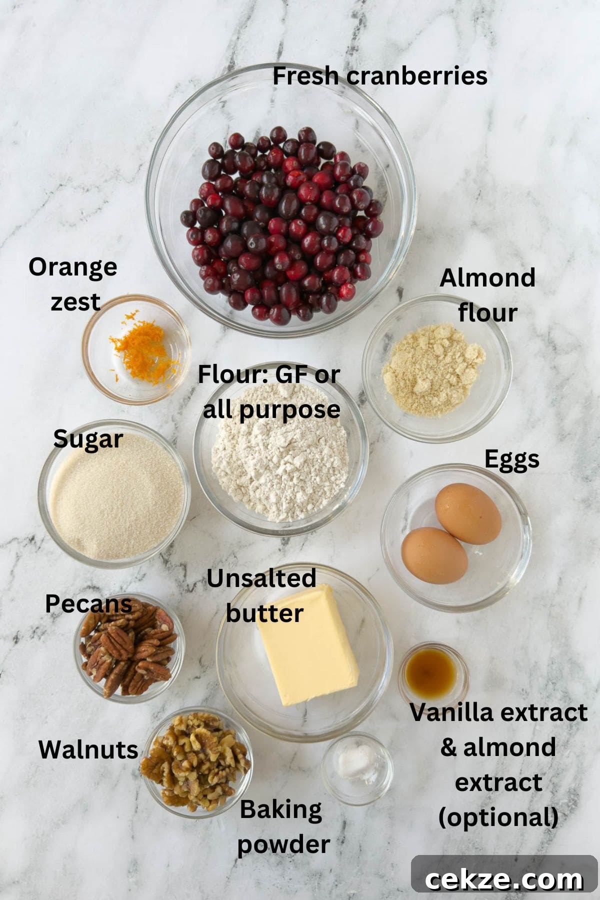 Ingredients for a Nantucket cranberry pie in prep bowls on the counter.