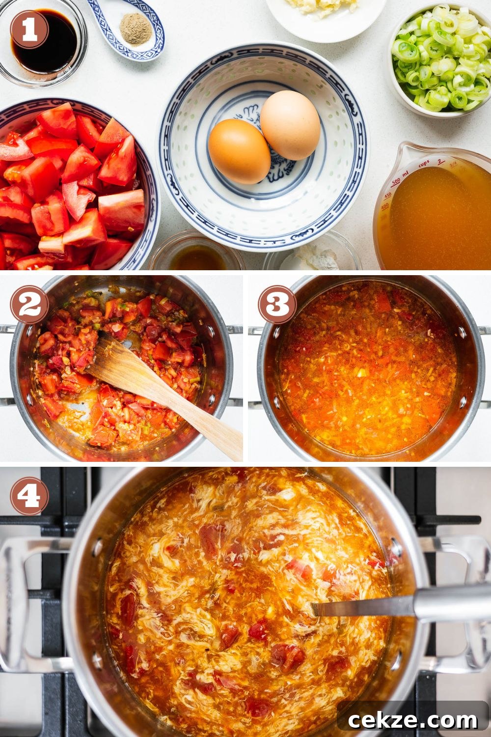 The four steps to make tomato egg drop soup: Prepare ingredients, stir-fry tomatoes, balance the broth, and create the egg ribbons.