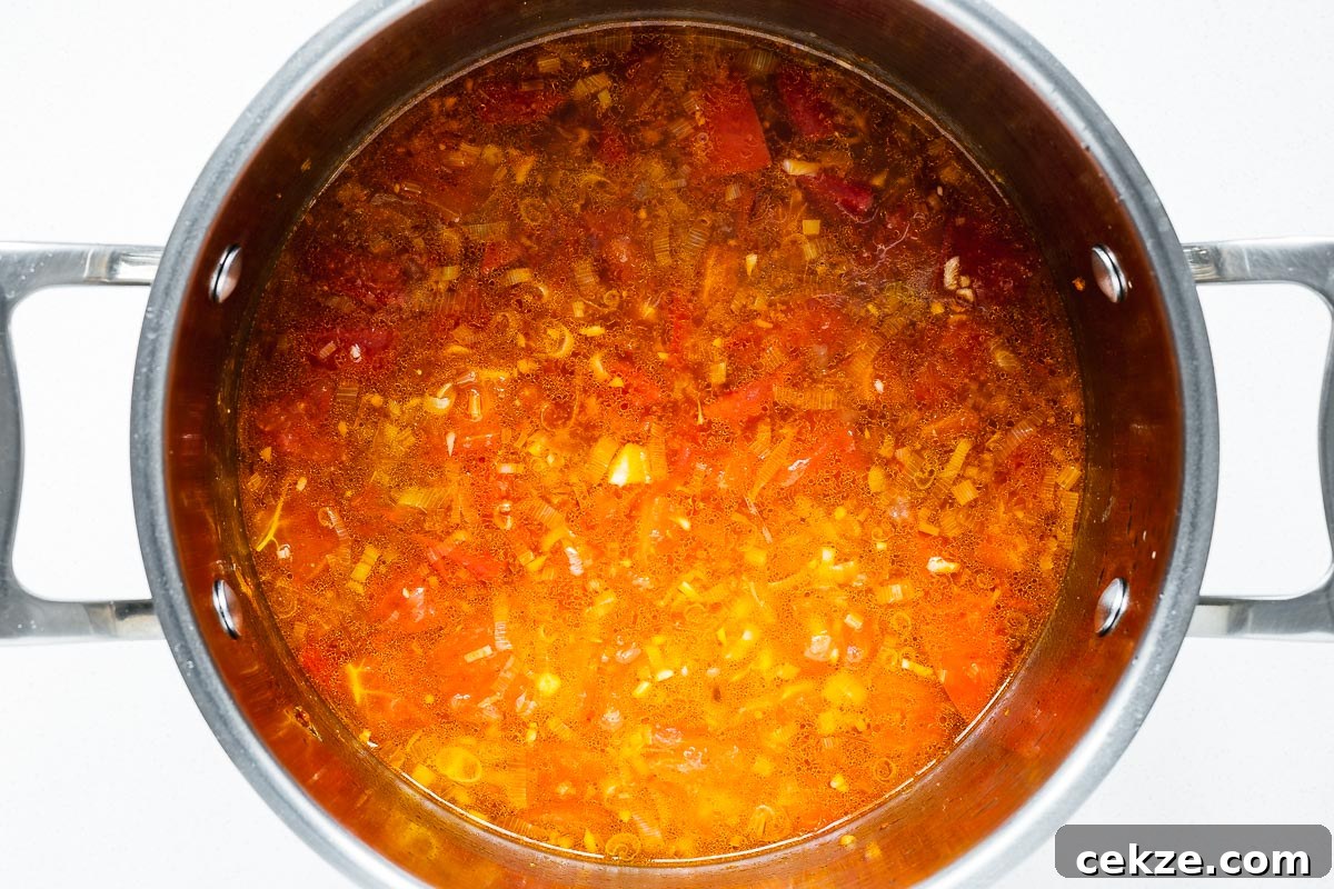 Top-down view of a soup pot with tomato-based broth for tomato egg soup.