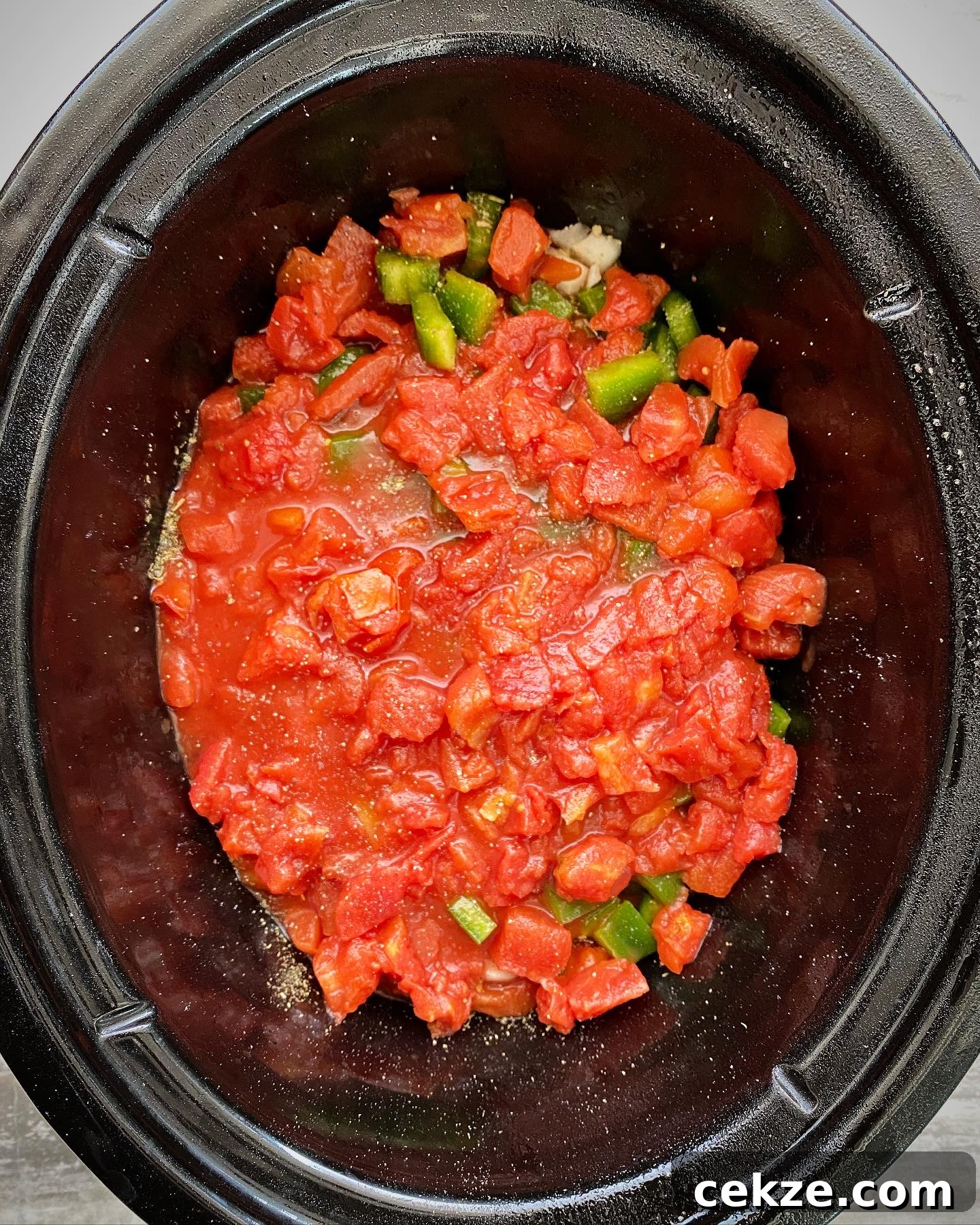 Mediterranean Slow Cooker Salmon with Lemon and Herbs 4 overhead shot of uncooked Mediterranean Salmon in a black slow cooker