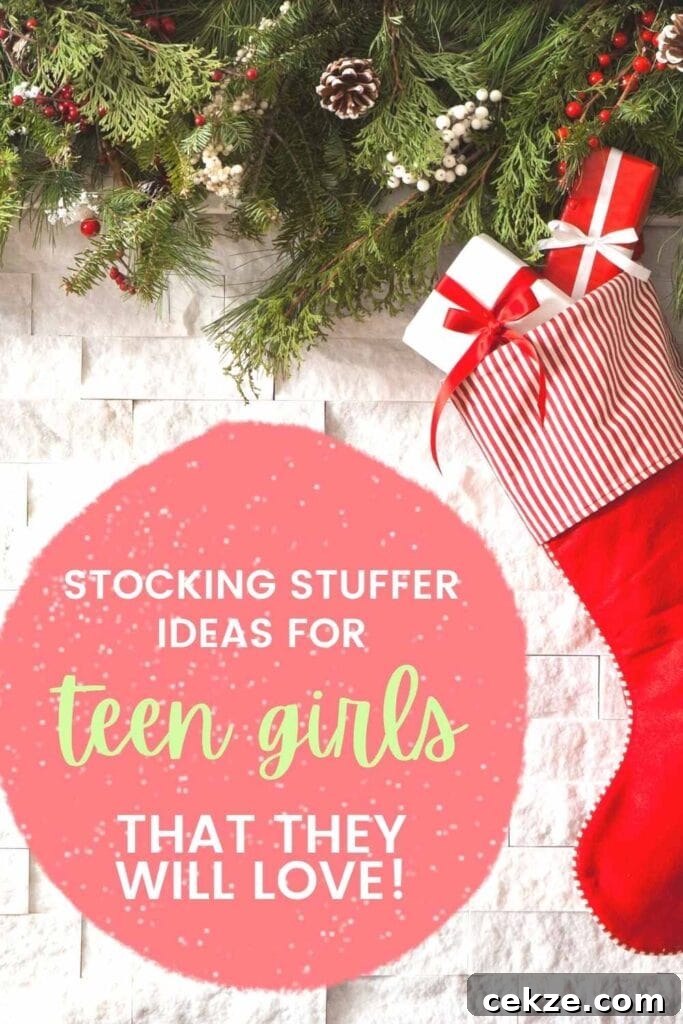 stocking with presents in it hanging on a mantle with text overlay