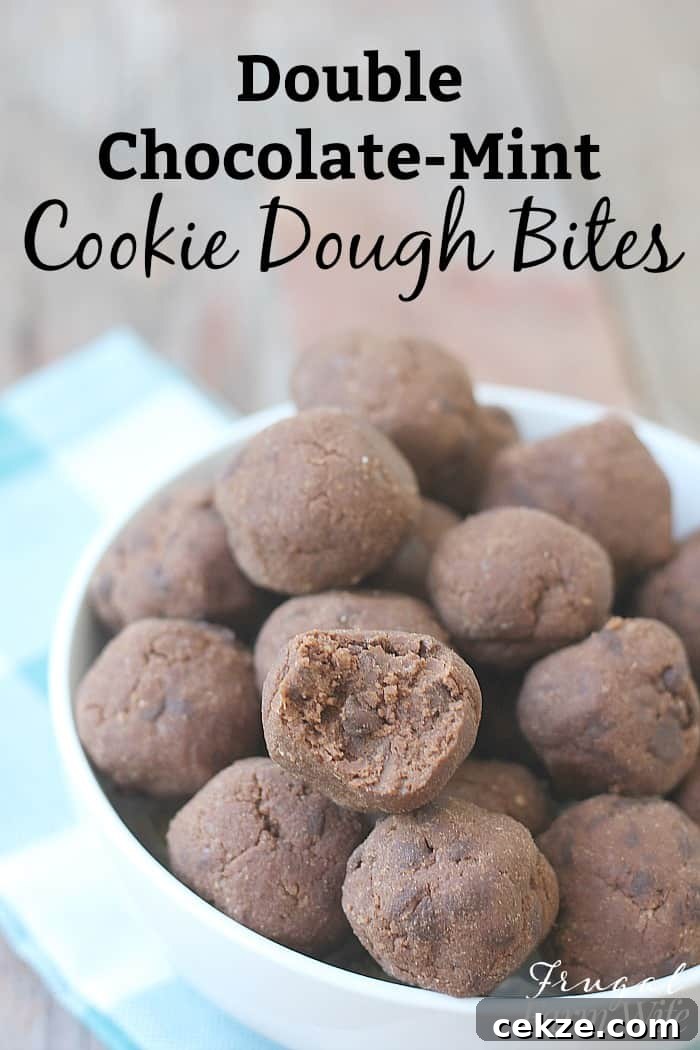 Double Chocolate Peppermint Cookie Dough Bites Recipe 2 Image shows a close up of a bowl of chocolate cookie dough balls in a white bowl. Text above reads
