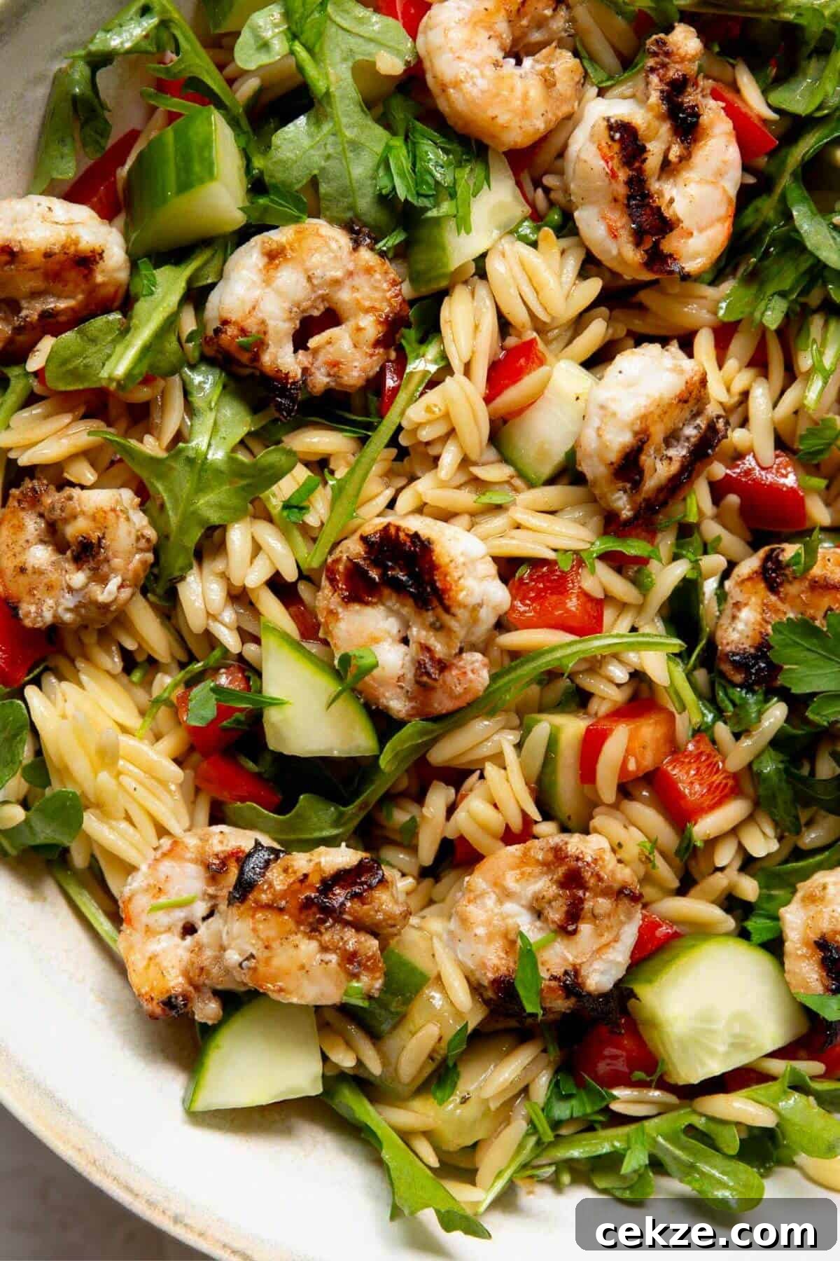 Close up grilled shrimp orzo salad showing charred shrimp, orzo, cucumber, and arugula.