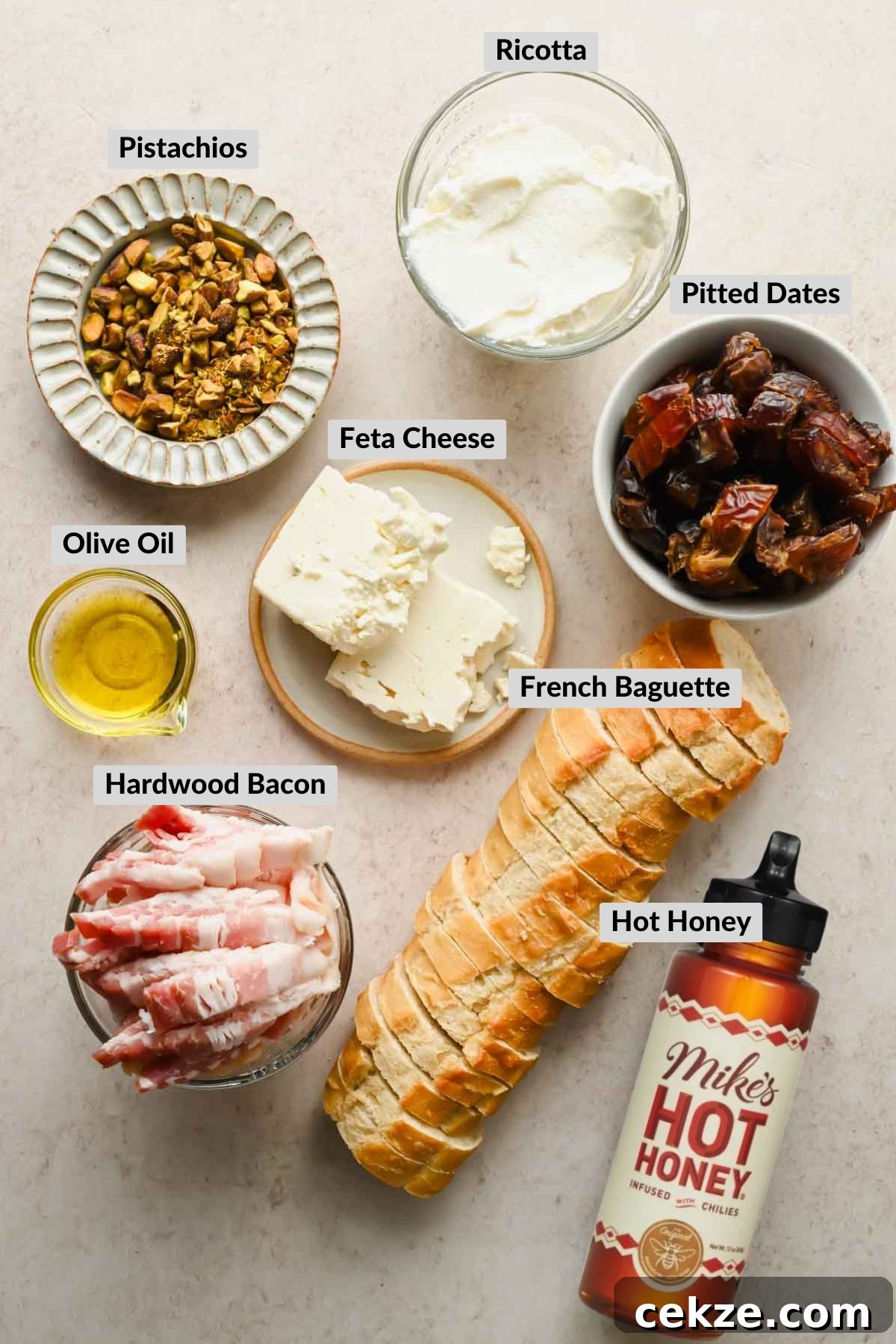 Feta, Bacon & Date Dip Recipe: Sweet Savory Party Appetizer 3 ingredients for whipped feta, bacon, date dip in individual bowls.
