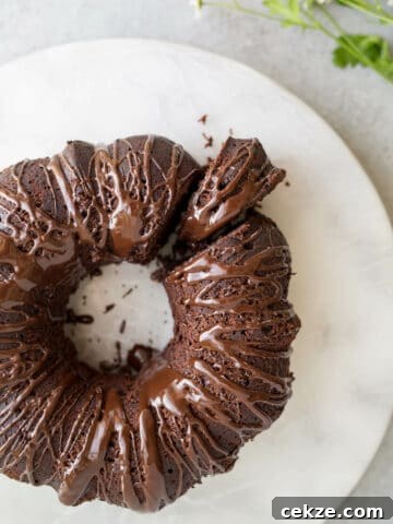 A chocolate bundt cake with chocolate drizzle on top.