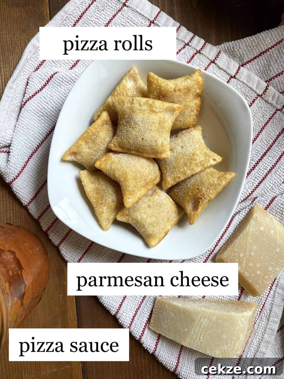 The ingredients needed to make & serve air fryer pizza rolls, laid out and labeled.