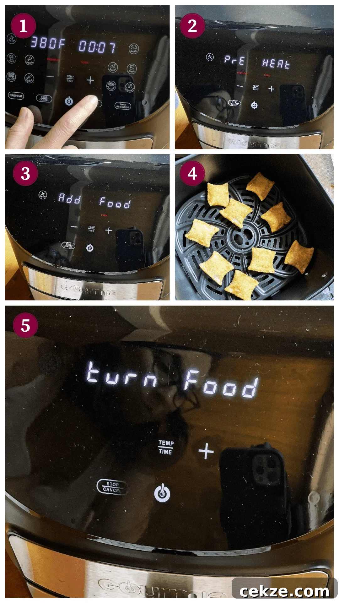 A collage of images showing how to cook pizza rolls in an air fryer, steps 1 - 5.