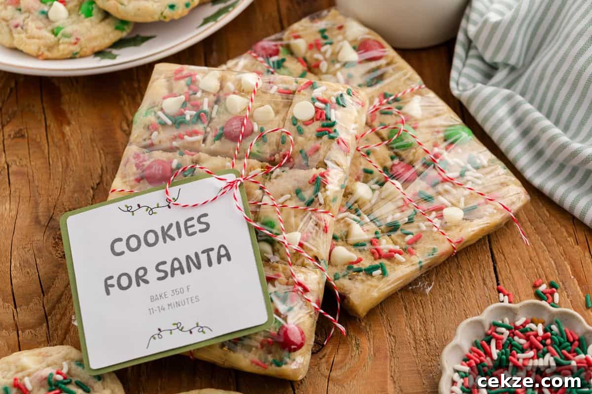 Break-and-Bake Christmas Cookie Dough Tips for Perfect Cookies 4 Wrapped pre portioned christmas cookie dough with sprinkles and M&Ms, labeled “Cookies for Santa,” beside a bowl of sprinkles.