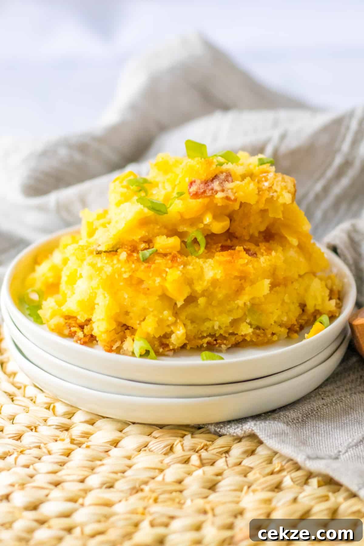 Loaded Cornbread Casserole Recipe — Cheesy Bacon & Jalapeño Bake 2 plate full of loaded cornbread casserole.