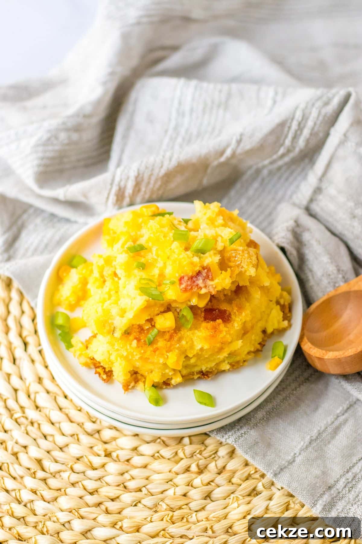 Loaded Cornbread Casserole Recipe — Cheesy Bacon & Jalapeño Bake 8 plate full of loaded cornbread casserole.