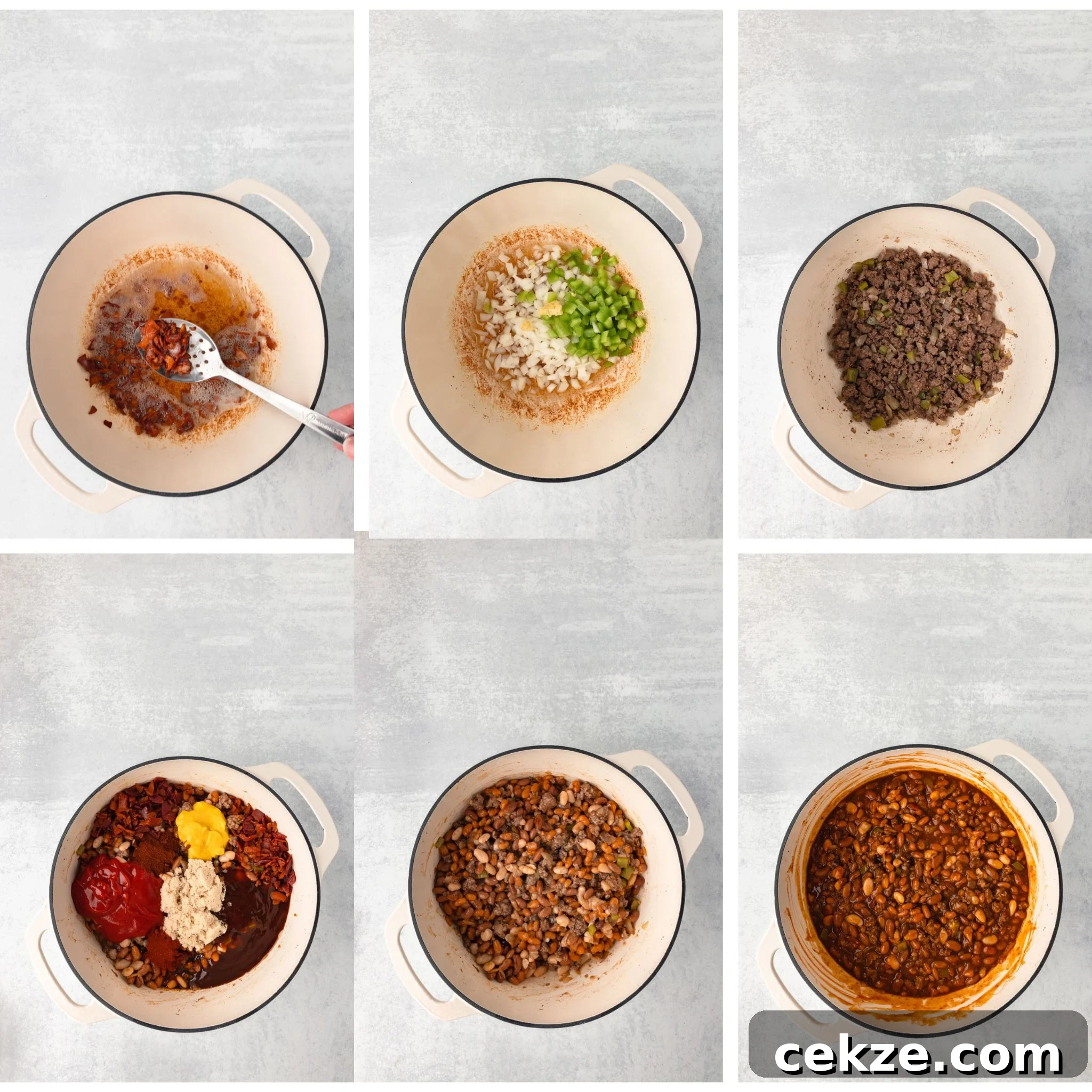 Collage of six images showing stages of cooking chili in a pot: sautéing onions and peppers, browning beef, adding tomatoes and spices, and mixing ingredients, resulting in a thick, hearty chili.