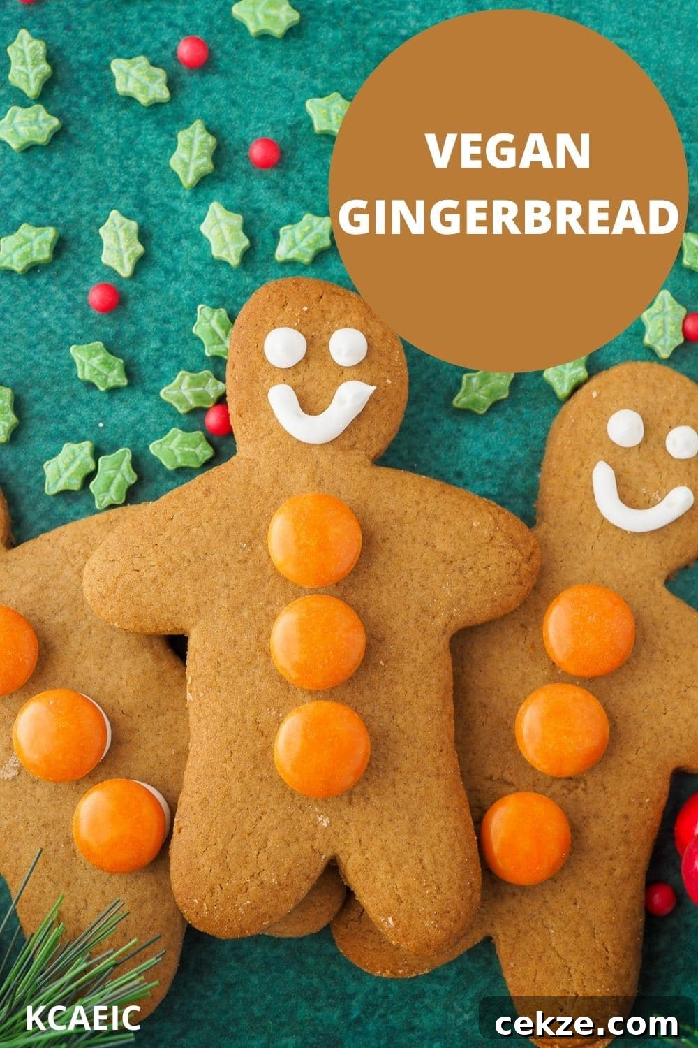 Vegan Gingerbread Recipe: Moist Spiced Loaf for Holidays 13 Gingerbread surrounded by sprinkles, with text overlay, vegan gingerbread and KCAEIC.