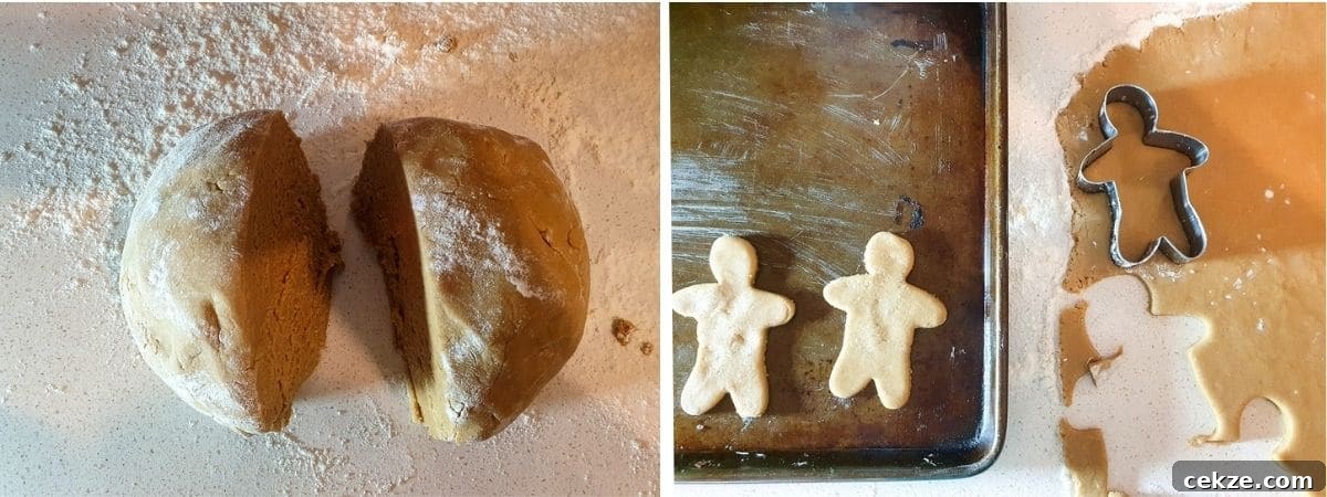 Vegan Gingerbread Recipe: Moist Spiced Loaf for Holidays 7 Process shots, shaping and flouring the dough and rolling out, cutting shapes and putting on baking trays.