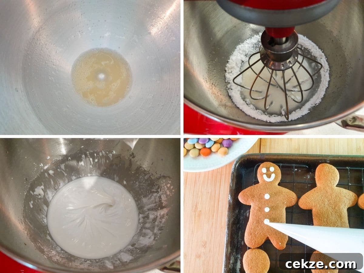 Vegan Gingerbread Recipe: Moist Spiced Loaf for Holidays 8 Making vegan royal icing, mixing aquafaba and citric acid until frothing, mixing in icing sugar and vanilla essence, firm peaks forming, piping on icing and sticking on vegan button candies.