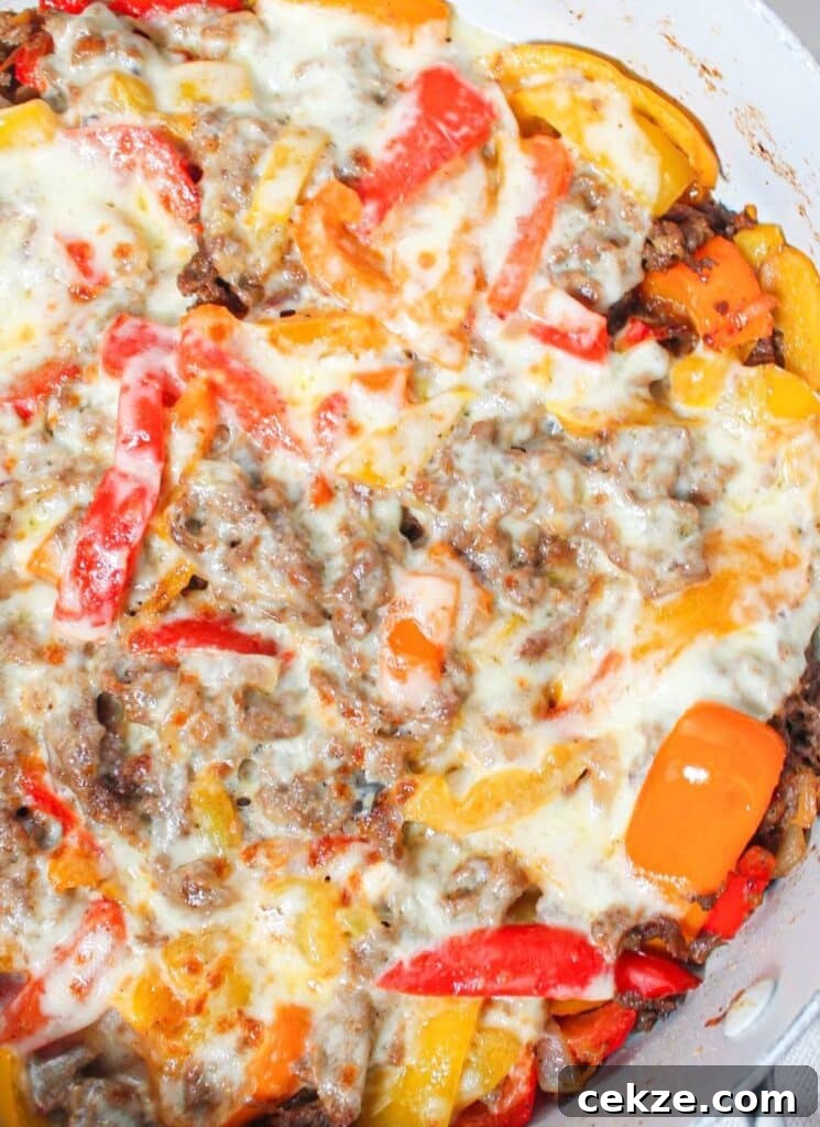 A close up shot of philly cheesesteak casserole.