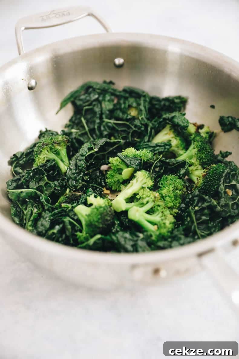Cooked broccoli and kale