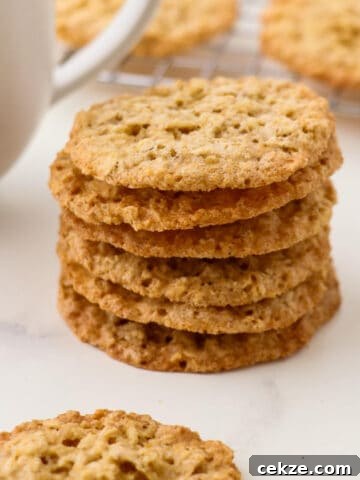 Close up of a stack of Swedish Oatmeal Cookies (Havreflarn).