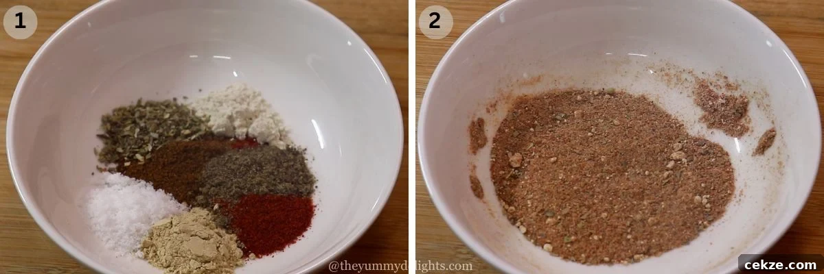 collage image of 2 steps showing how to make fajita seasoning at home. It shows mixing the fajita seasoning ingredients in a white bowl.