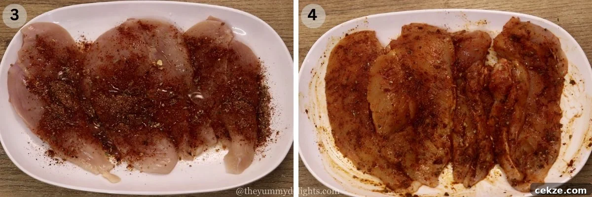 collage image of 2 steps showing marinating the chicken with fajita seasoning, lemon juice and olive oil.