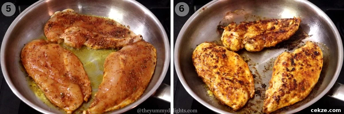 collage image of 2 steps showing how to cook chicken to make chicken fajita sandwich. It shows cooking chicken on a pan.