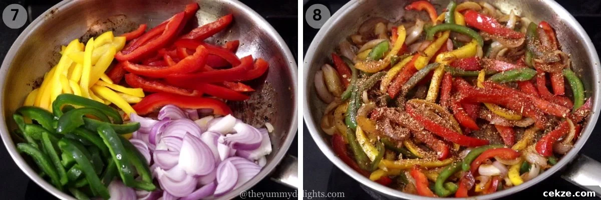 collage image of 2 steps showing how to make chicken fajita sandwich filling. It shows sauteing the fajita veggies and addition of fajita seasoning to the veggies.