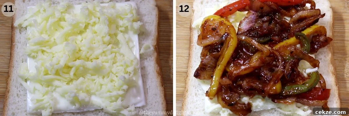 collage image of 2 steps showing how to make chicken fajita sandwiches. It shows addition of cheese and fajita vegetables over a sandwich bread slice.