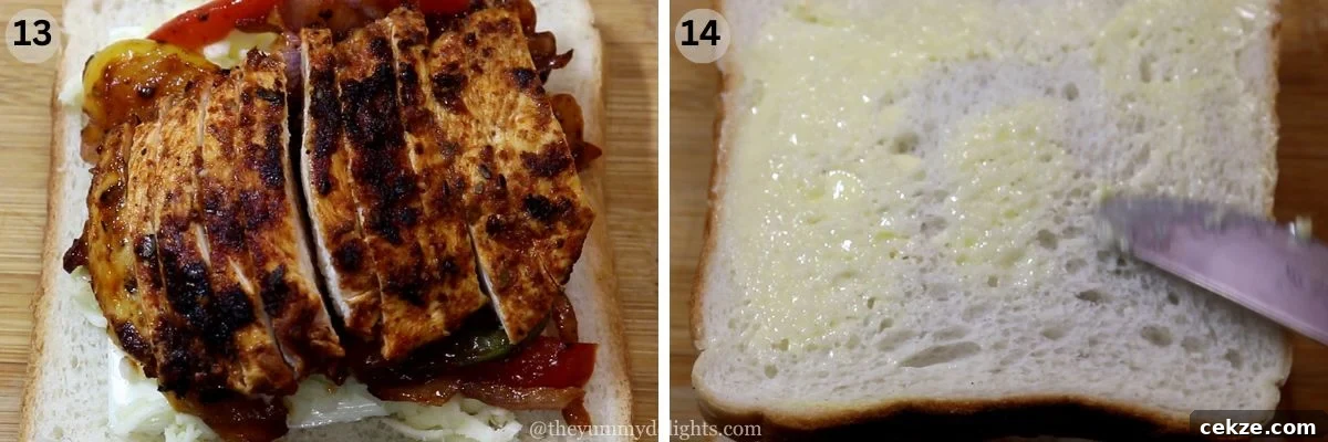 collage image of 2 steps showing assembling chicken fajita sandwich. It shows addition of chicken and applying butter over the top bread to make sandwich.