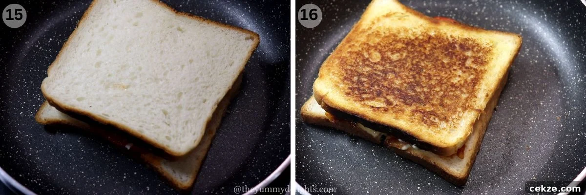 collage image of 2 steps showing how to grill chicken fajita sandwich. It shows placing the sandwich on a hot pan to grill them.
