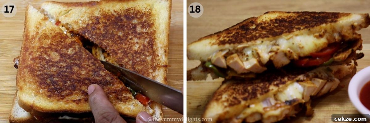 collage image of 2 steps showing slicing the chicken fajita sandwich and stacking the sliced sandwich over a chopping board.
