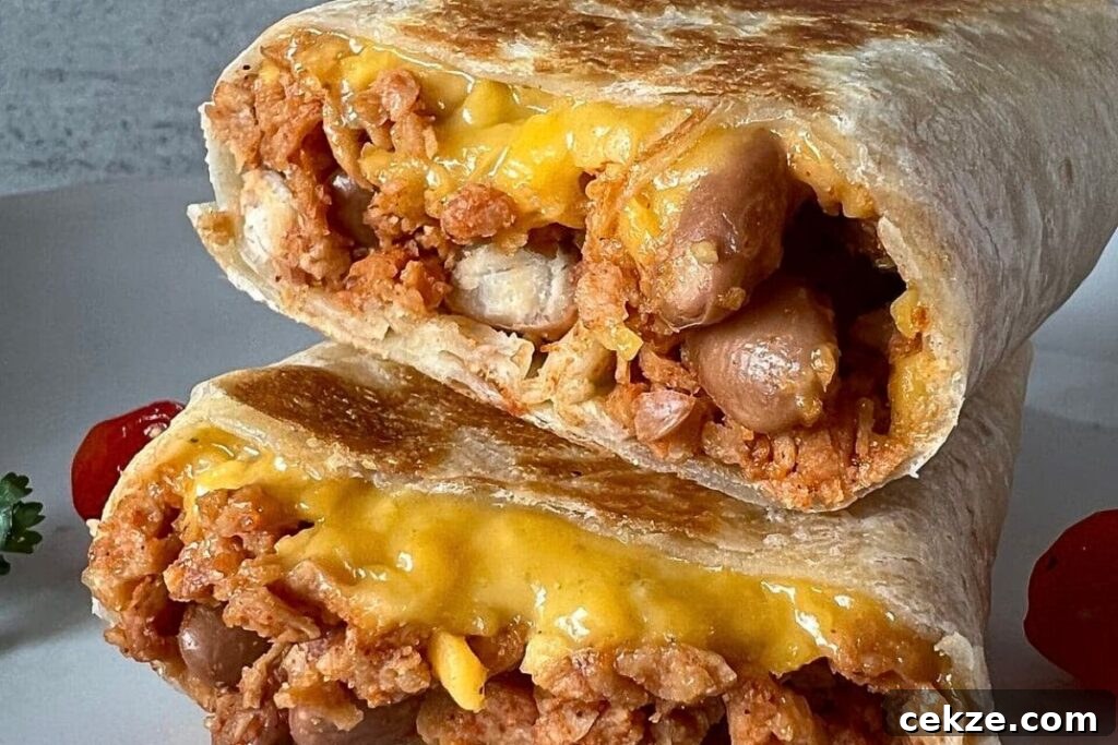 A chili cheese burrito cut in half and stacked on a plate.