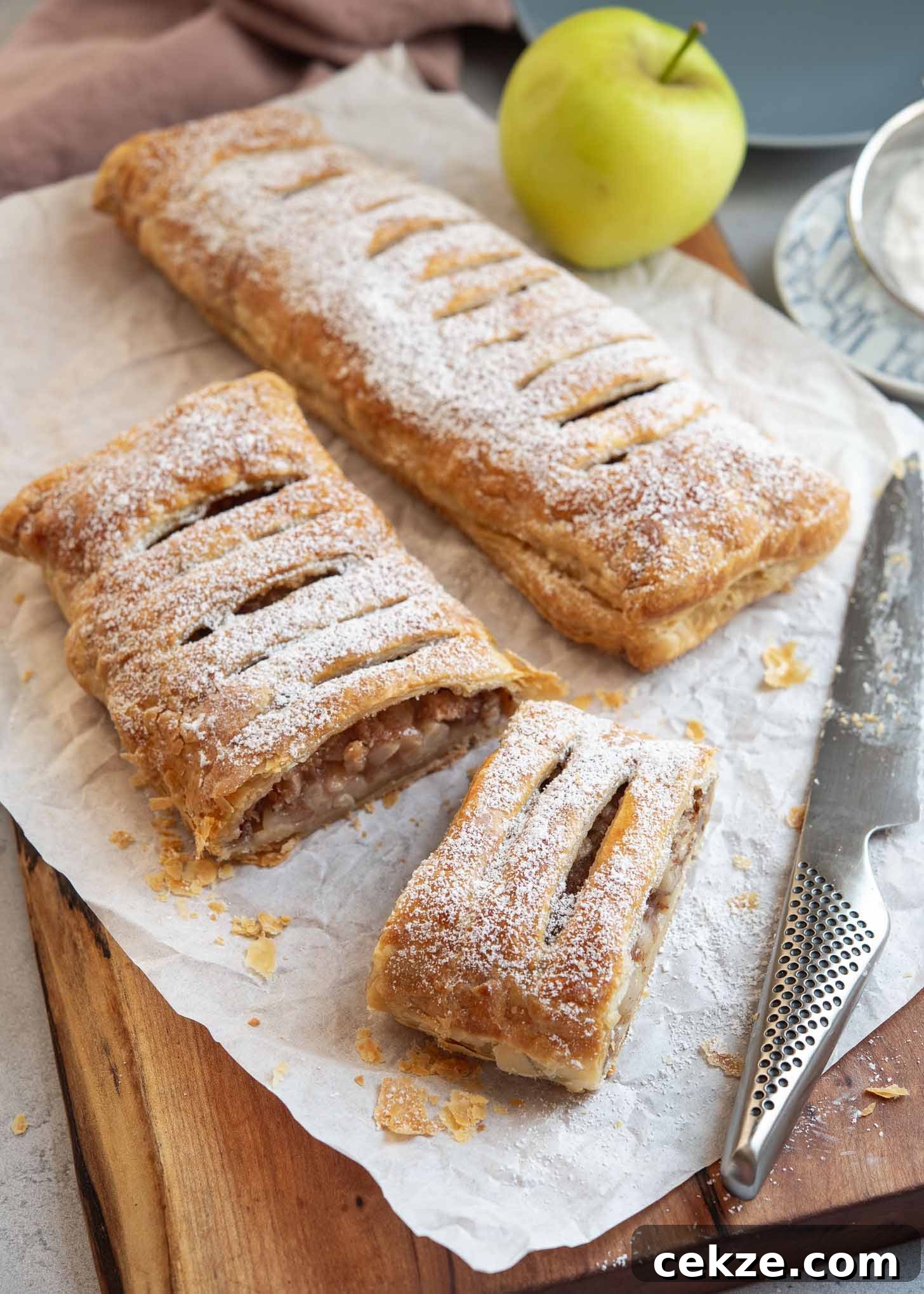Easy apple strudel made with puff pastry – crispy, flaky, and perfect for fall dessert from Beyond Kimchee