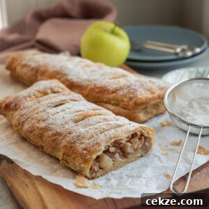 Puff pastry apple strudel is dusted with powdered sugar.