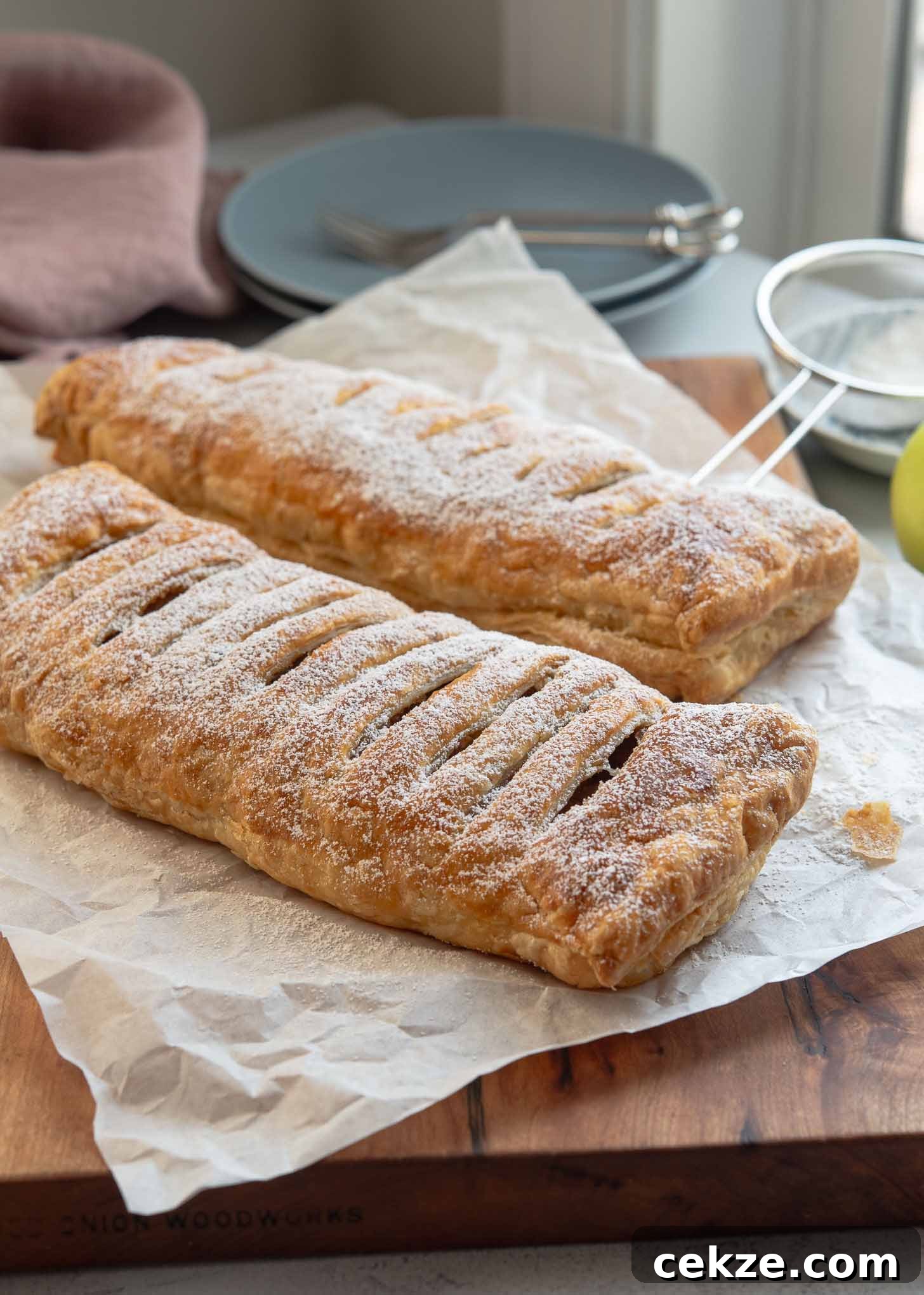 Homemade apple strudel made with puff pastry, golden and flaky