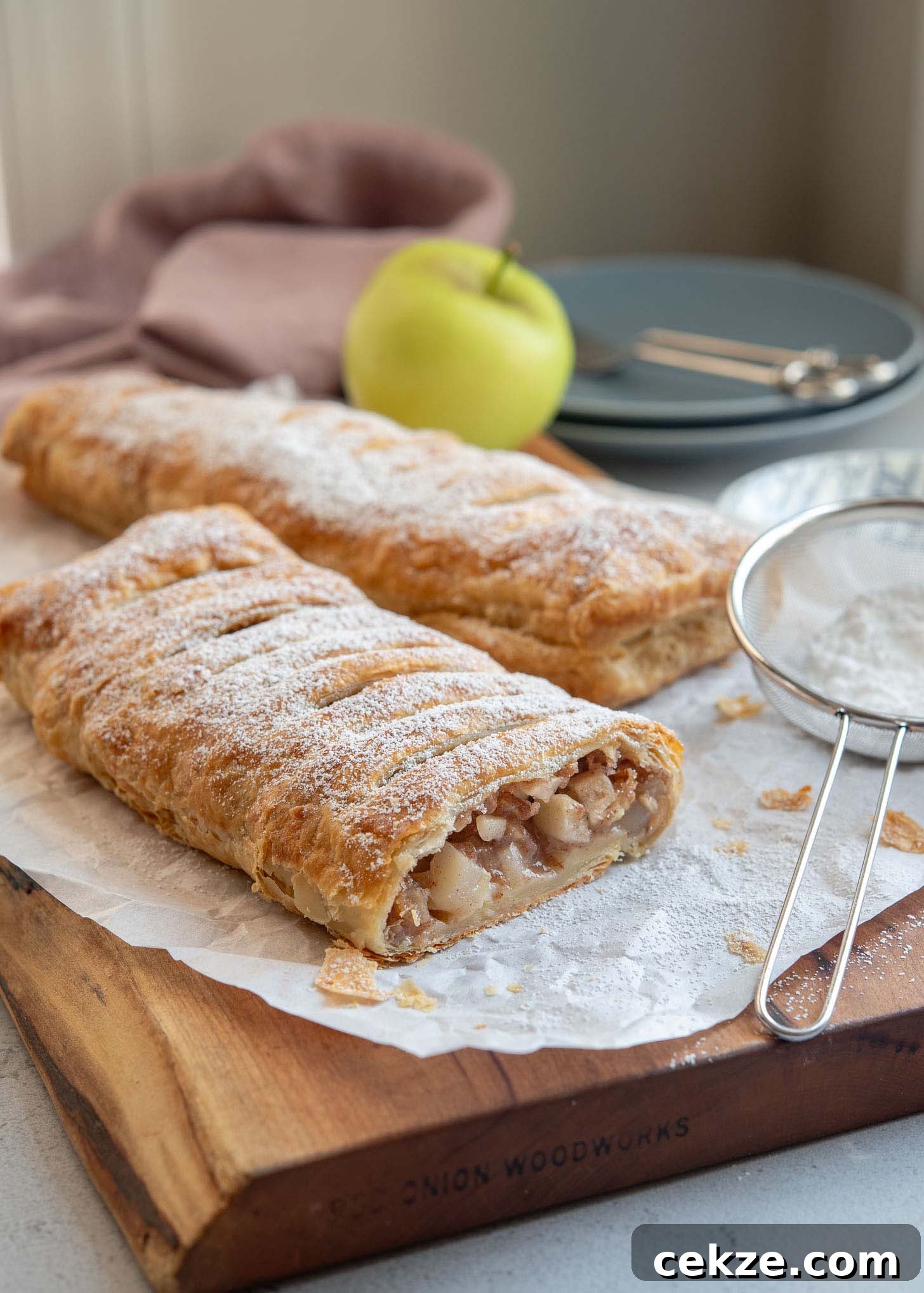 Sliced apple strudel revealing tender apple filling inside