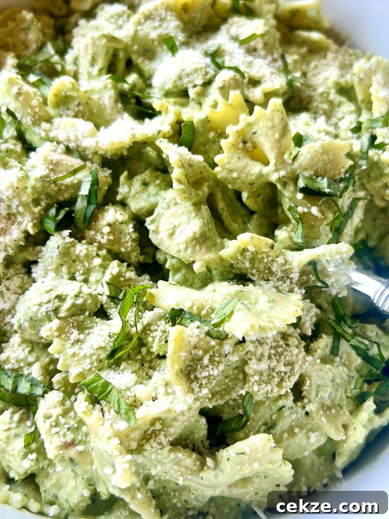 Green Goddess Chicken Pasta Salad Recipe with Creamy Herb Dressing 3 Bowl of pasta salad with green goddess dressing