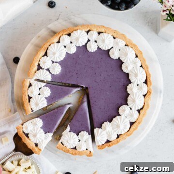 Blueberry white chocolate ganache tart with three pieces sliced. One is being removed.