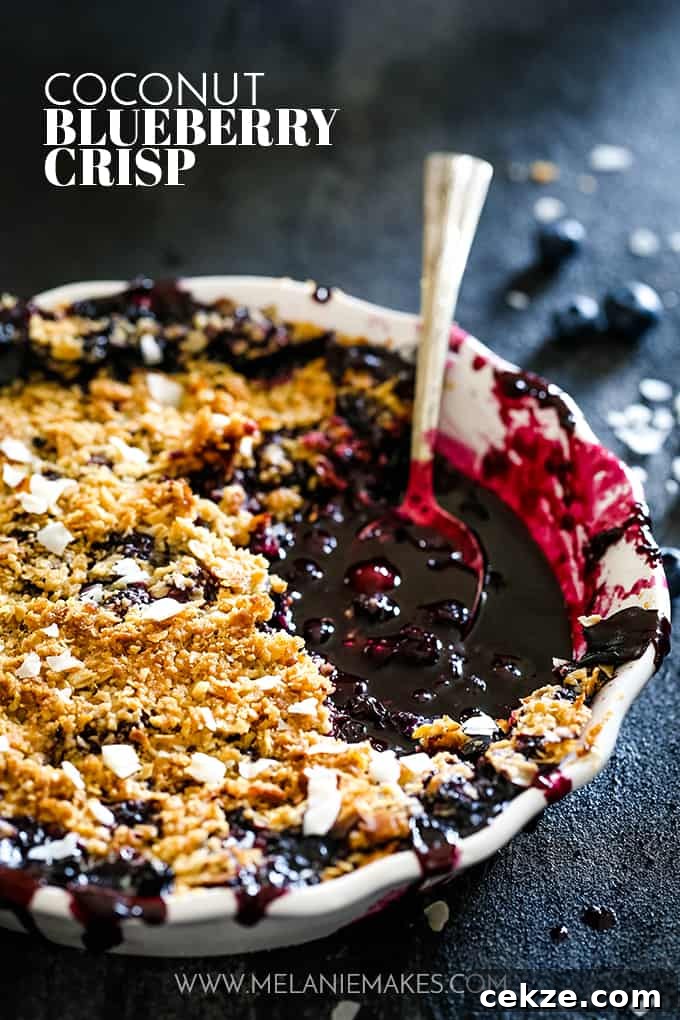 It takes just 15 minutes to prepare this delicious Coconut Blueberry Crisp featuring warm, bubbly blueberries capped by a crunchy cap of oats and coconut. A spoon in a serving dish of Coconut Blueberry Crisp.