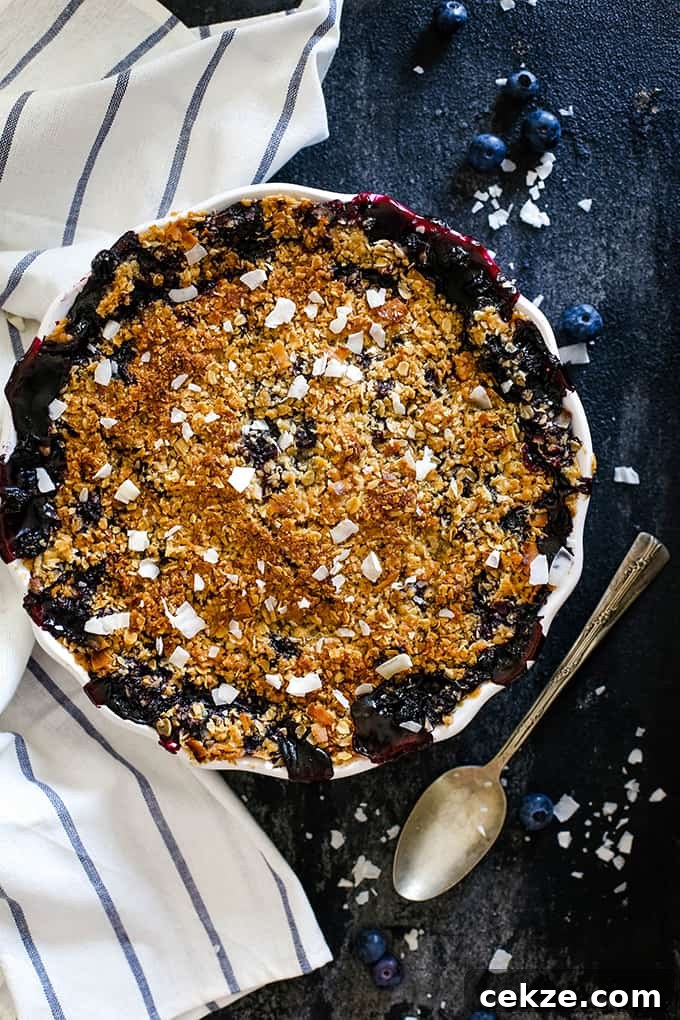 It takes just 15 minutes to prepare this delicious Coconut Blueberry Crisp featuring warm, bubbly blueberries capped by a crunchy cap of oats and coconut. An overhead view of a Coconut Blueberry Crisp flanked by a striped napkin.