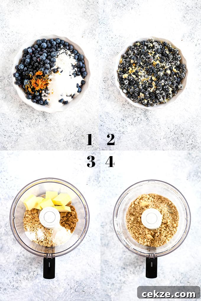 It takes just 15 minutes to prepare this delicious Coconut Blueberry Crisp featuring warm, bubbly blueberries capped by a crunchy cap of oats and coconut. How to prepare Coconut Blueberry Crisp, steps 1-4.