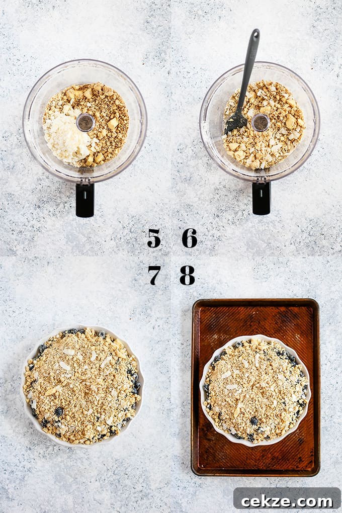 It takes just 15 minutes to prepare this delicious Coconut Blueberry Crisp featuring warm, bubbly blueberries capped by a crunchy cap of oats and coconut. How to prepare Coconut Blueberry Crisp, steps 5-8.