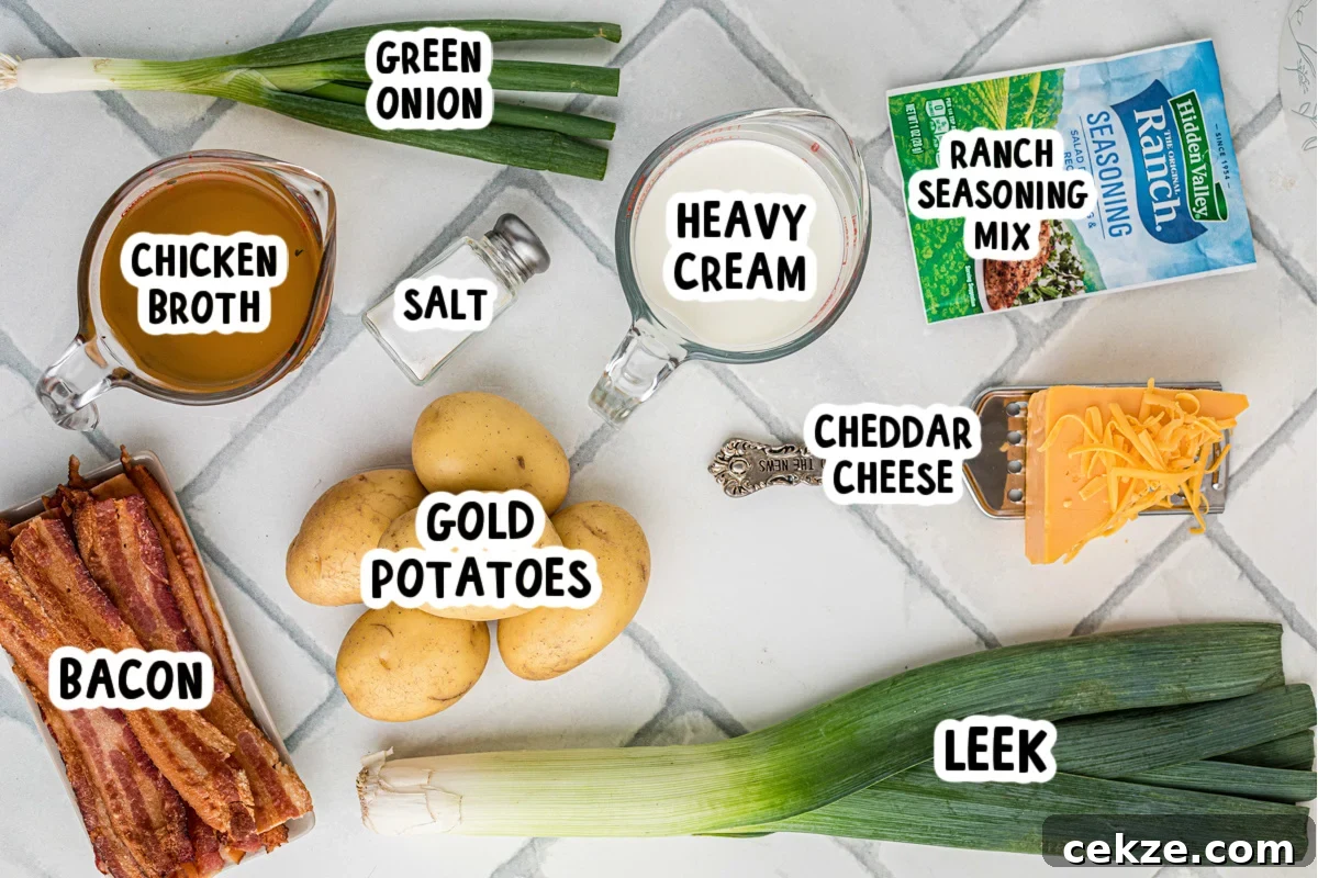 Ingredients for slow cooker bacon ranch potato soup on a table.