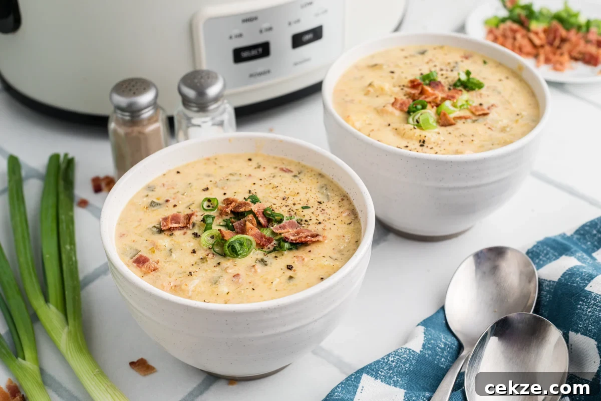 Two bowls of slow cooker bacon ranch potato soup in front of a crockpot.