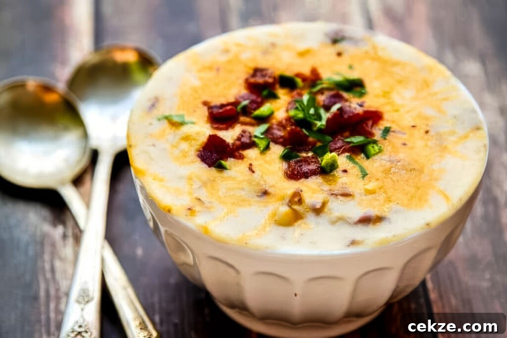 Bowl of loaded potato soup on a wooden table, topped generously with cheddar cheese, bacon bits, and chopped green onions, with spoons nearby.