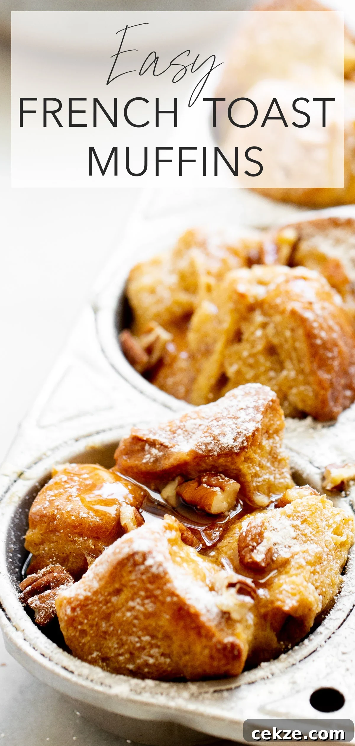 closeup photo of french toast muffins in aluminum muffin tin with title text overlay
