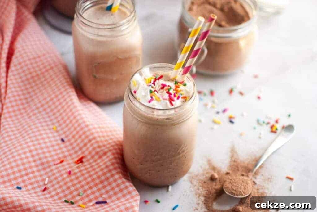 A mason jar filled with a Frozen Hot Chocolate topped with whipped cream and sprinkles, two colorful straws, surrounded by jars of cocoa powder and a pink checkered cloth.