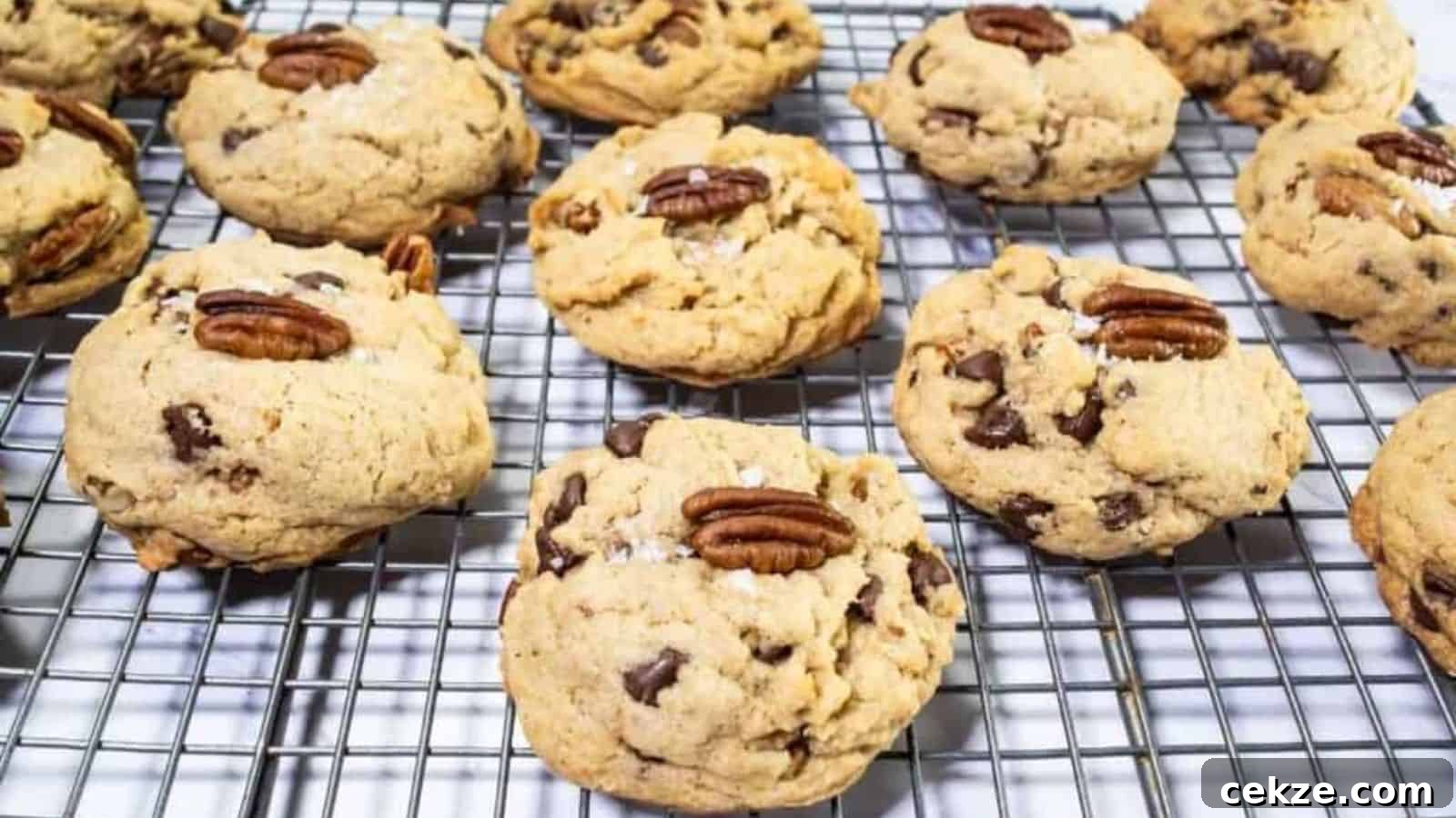 Chocolate chip cookies with pecan halves on top are cooling on a metal wire rack.