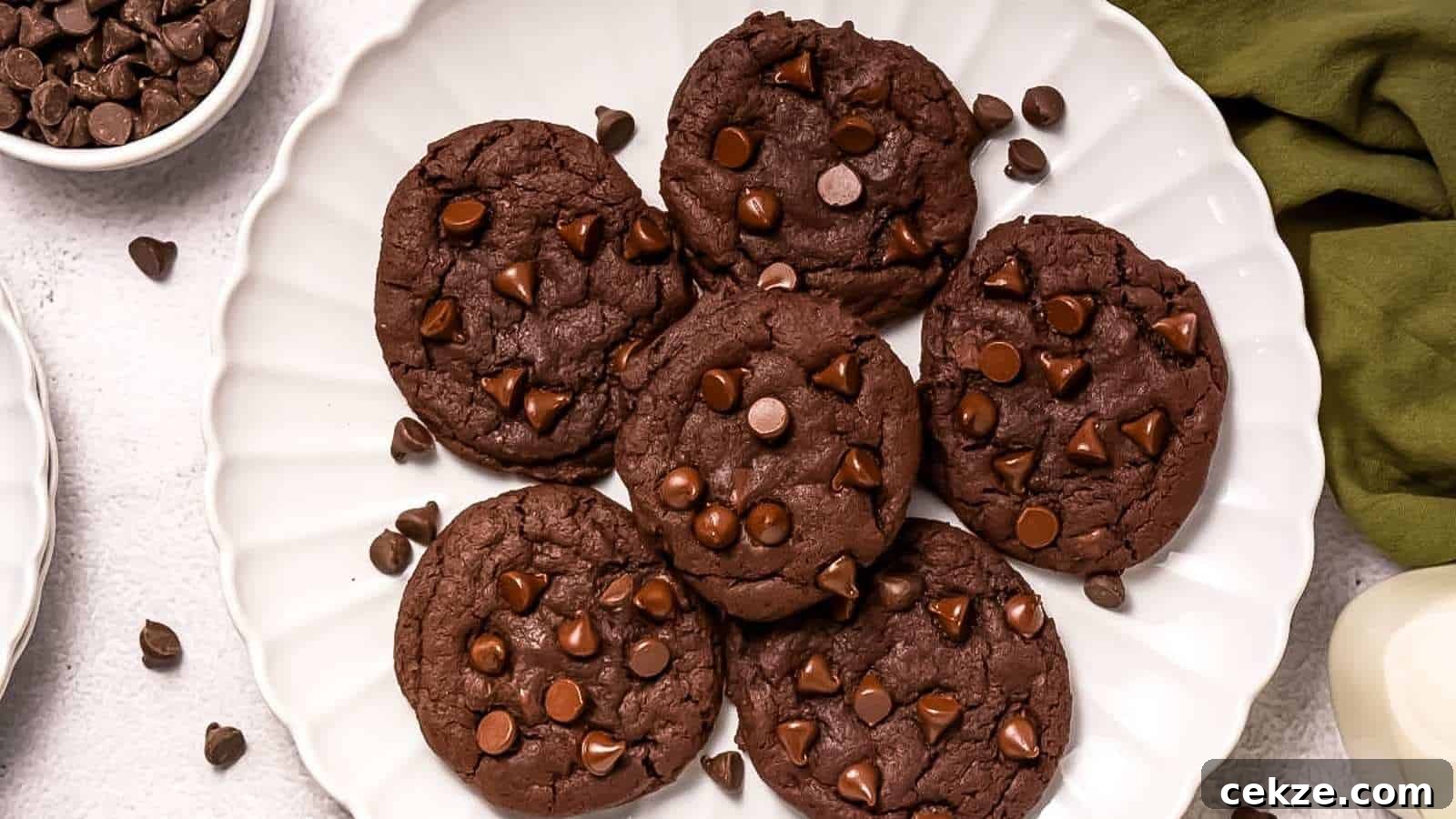 Six Copycat Crumbl Dark Dream Cookies are arranged on a white scalloped plate, with extra chocolate chips scattered around.