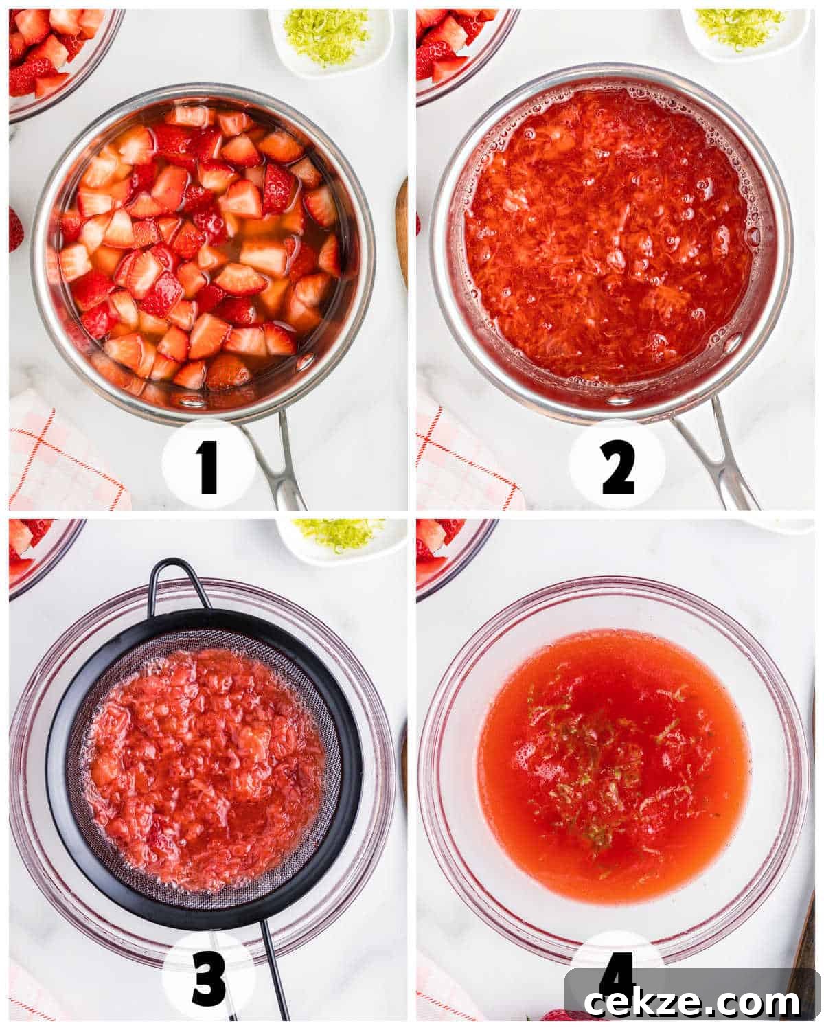Four-step process of making strawberry syrup for strawberry tiramisu: chopped strawberries in a pot, mashed in a bowl, strained through a sieve, and finished syrup in a bowl.
