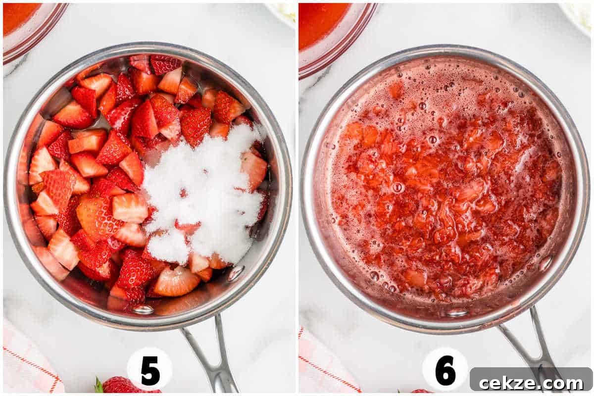 Side-by-side images: sliced strawberries with sugar in a saucepan on the left, and the simmered, softened mixture on the right—key steps for making strawberry tiramisu.