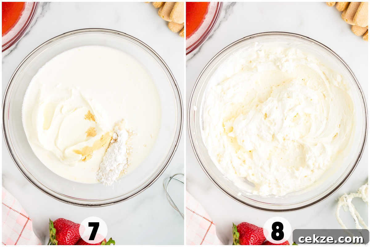 Two side-by-side bowls: left shows cream, sugar, and vanilla before mixing; right displays the whipped, fluffy mixture—perfect for making strawberry tiramisu.